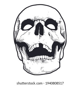 Engraving Style Skull With Open Mouth. Black and white vector illustration of skull looking mad. Vector object isolated on white.