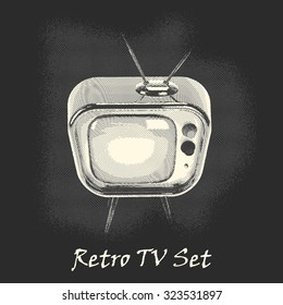 engraving style small retro tv set conceptual illustration