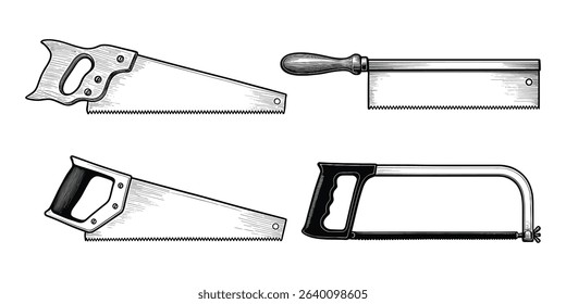 Engraving Style Vector Illustration of Hand Saws for Woodworking and Carpentry Projects