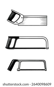 Engraving Style Vector Illustration of Hand Saws for Woodworking and Carpentry Projects