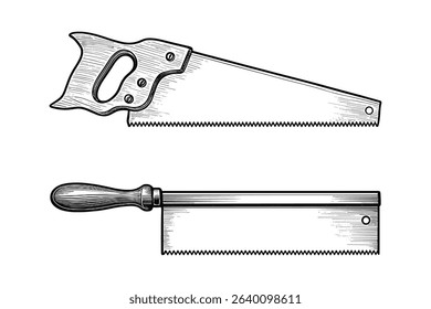 Engraving Style Vector Illustration of Hand Saws for Woodworking and Carpentry Projects