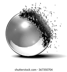 Engraving styled broken ball drawn with lines
