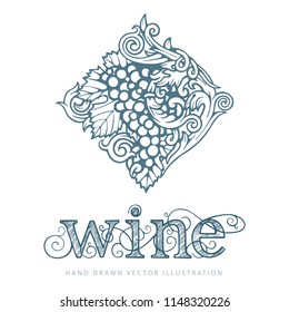 Engraving styled, hand drawn grape and vine ornament. Grape and vine.  Hand written word 'wine' with vine elements.
Letters connected with vine elements. Illustration of the wine theme.