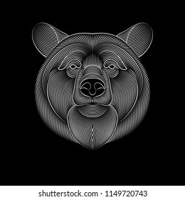 Engraving of stylized bear on black background. Linear drawing.