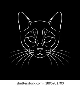 Engraving of stylized cat portrait on black background.. Line art. Stencil art. Stylized cat face. Cat outline.