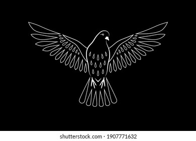 Engraving of stylized dove on black background. Decorative bird. Linear drawing. Flying bird. Stencil art. Dove of peace.