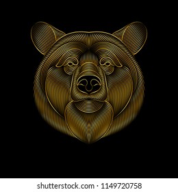 Engraving of stylized golden bear on black background. Linear drawing.