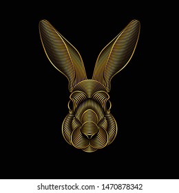 Engraving of stylized golden rabbit portrait on black background. Line art. Stencil art