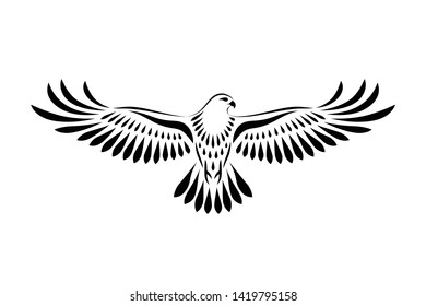 Engraving of stylized hawk. Decorative bird. Linear drawing. Flying bird. Stencil art