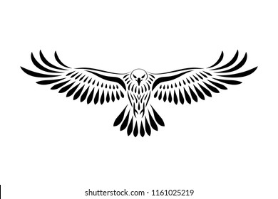 Engraving of stylized hawk. Linear drawing. Decorative bird.
