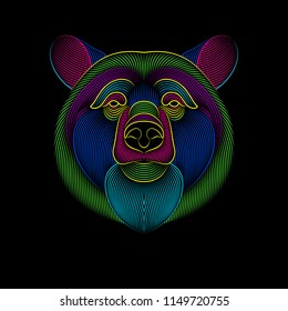Engraving of stylized psychedelic bear on black background. Linear drawing.