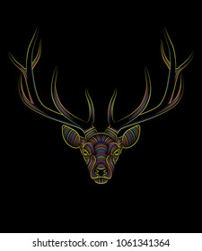 Engraving of stylized psychedelic deer on black background. Linear drawing.