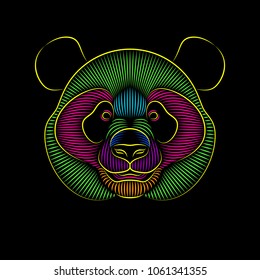 Engraving of stylized psychedelic giant panda on black background. Linear drawing.