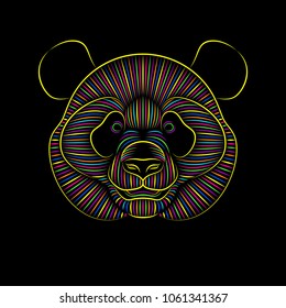 Engraving of stylized psychedelic giant panda on black background. Linear drawing.