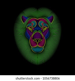 Engraving of stylized psychedelic lion on black background. Linear drawing.