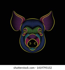 Engraving of stylized psychedelic pig portrait on black background. Line art. Stencil art