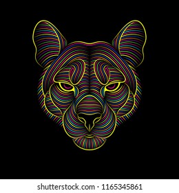 Engraving of stylized psychedelic puma on black background. Linear drawing. Portrait of a puma. Psychedelic.