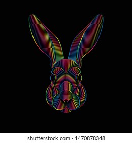 Engraving of stylized psychedelic rabbit portrait on black background. Line art. Stencil art. Spectrum colors