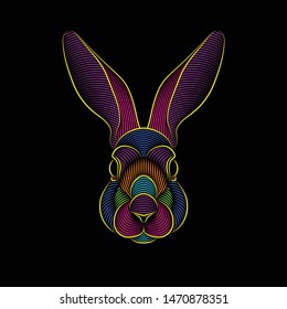 Engraving of stylized psychedelic rabbit portrait on black background. Line art. Stencil art