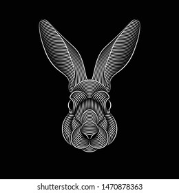 Engraving of stylized rabbit portrait on black background. Line art. Stencil art