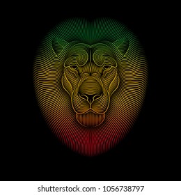 Engraving of stylized rasta lion on black background. Linear drawing.