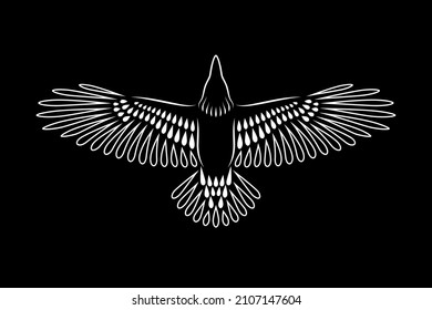 Engraving of stylized raven on black background. Soaring Raven. Decorative bird. Linear drawing. Flying bird. Stencil art.