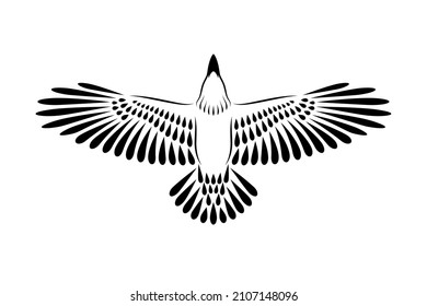 Engraving of stylized raven. Soaring Raven. Decorative bird. Linear drawing. Flying bird. Stencil art.