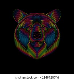 Engraving of stylized spectrum bear on black background. Linear drawing.