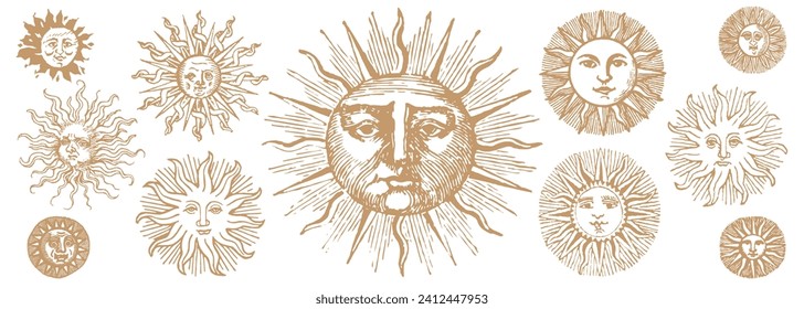 Engraving Sun. Solar System Exploration. Vintage Drawing Style Sun Faces. Medieval Hand Drawn. Mystic Alchemy Esoteric Sun Set.