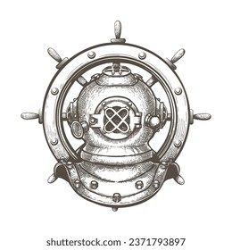Tatuaje de grabado del casco de buceo con volante de dirección de barco aislado sobre fondo blanco. Ilustración vectorial.