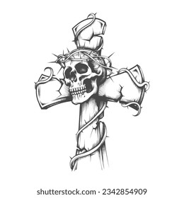 Engraving Tattoo of Human Skull on a Grave Cross isolated on white. Vector illustration