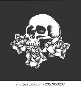 Engraving Tattoo of Human Skull and Rose Flowers isolated on Black Background. Vector illustration