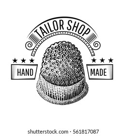 Engraving thimble n the middle of ribbons isolated on white. Vintage style for tailor or sewing design