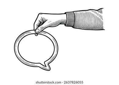 Engraving Vector Hand Holding Speech Bubble. Communication Concept Illustration Art