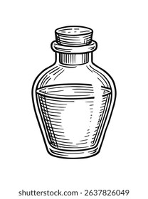 Engraving Vector Illustration of a Small Glass Bottle with Liquid Inside