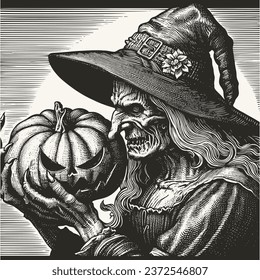 Engraving vector illustration of witch with pumpkin halloween black and white line art