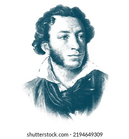 Gravierendes Vektorporträt des russischen Schriftstellers Alexander Puschkin. Der große Dichter, Dramatiker.