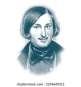 Gravierendes Vektorporträt des russischen Schriftstellers Nikolai Gogol. Russischer Schriftsteller, Kurzgeschichten-Schriftsteller und Dramatiker ukrainischer Herkunft.