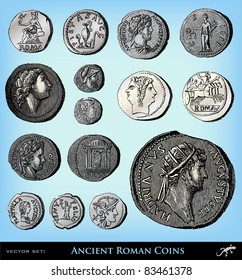 Engraving vintage ancient Roman coins from "The Complete encyclopedia of illustrations" containing the original illustrations of The iconographic encyclopedia of science, literature and art, 1851.