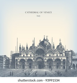 Engraving vintage Cathedral of Venice from "The Complete encyclopedia of illustrations" containing the original illustrations of The iconographic encyclopedia of science, literature and art, 1851.