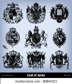 Engraving vintage coat of arms set from "The Complete encyclopedia of illustrations" containing the illustrations of The iconographic encyclopedia of science, literature and art, 1851. Vector.