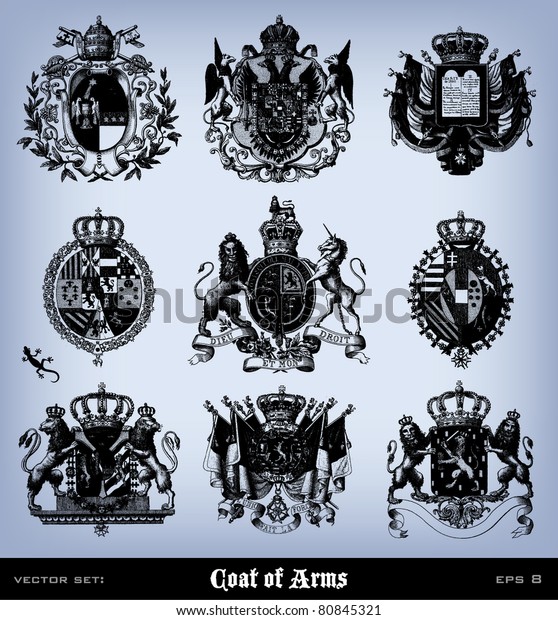 Engraving Vintage Coat Arms Set Complete Stock Vector (Royalty Free ...