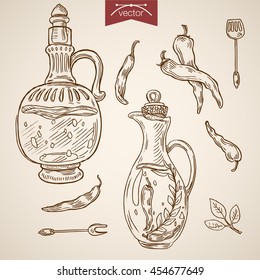 Engraving vintage hand drawn vector olive oil, souse, seasoning collection. Pencil Sketch Decanter with chilli fluid illustration.