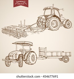 Engraving vintage hand drawn vector tractor plowing ground collection. Pencil Sketch Farm Machinery illustration.