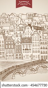 Engraving vintage hand drawn vector city street river bridge. Pencil Sketch architecture illustration.