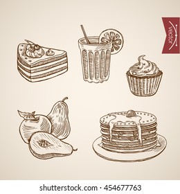 Engraving vintage hand drawn vector Cafeteria dessert collection. Pencil Sketch cake, pancakes, pears, cherry, tea cookies illustration.