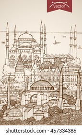 Engraving vintage hand drawn vector of sights and landmarks in Istanbul. Pencil Sketch Blue Mosque, Hagia Sophia sightseeing illustration. Travel Turkey concept.