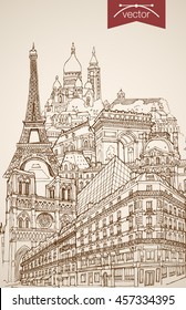 Engraving vintage hand drawn vector sights and landmarks in Paris. Pencil Sketch Eiffel Tower, Notre Dame de Paris, Arc de Triomphe sightseeing illustration. Travel to France concept.