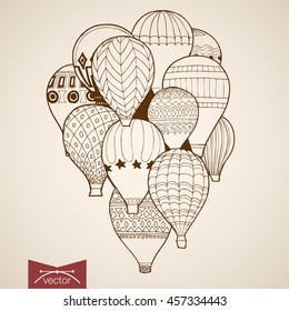 Engraving vintage hand drawn vector flying balloon. Pencil Sketch illustration.