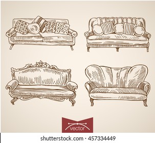 Engraving vintage hand drawn vector Furniture interior objects collection. Pencil Sketch sofa, divan, couch illustration.